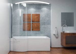 ECOLAM Duschbadewanne Set Badewanne + Glasabtrennung Duschwand Eckbadewanne I-Besco 150x70 LINKS Schürze Ablaufgarnitur Füße Silikon