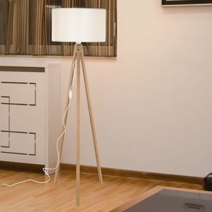 Stehlampe Rochester 1 x E27 Stehleuchte für Wohnzimmer Dreibein Holz Standleuchte Bambus-Optik Creme