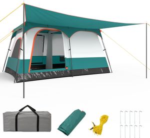 COSTWAY Campingzelt groß 6-8 Personen, Tunnelzelt mit Vorzelt, Boden, 2 Räumen, 2 Eingänge, abnehmbarem Dach & Tragetasche, Familienzelt 3,8x2,6x1,9m