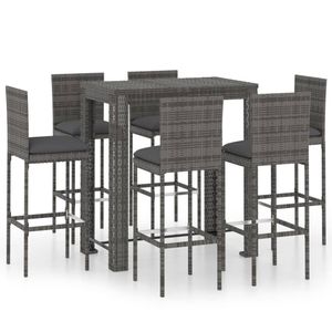 vidaXL 7-tlg. Gartenbar-Set mit Kissen Poly Rattan Grau