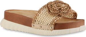 VAN HILL Damen Pantoletten Sandaletten Blumen Profil-Sohle Bast Schuhe 841745, Farbe: Hellbraun, Größe: 36
