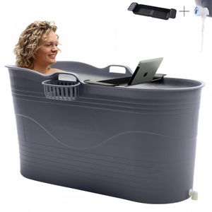 HelloBath® Mobile Badewanne für Erwachsene XL -  Ideal für das kleines Badezimmer - 122x55x64cm - Stylisch (Cool Grau) - Inklusive Badewannenablage