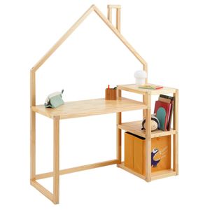 Kinderschreibtisch NIVIA Hausform natur mit Regal Stauraum gefertigt aus Kiefer Massiv. Stabil langlebig perfekt für Kinderzimmer. Montessori-Möbel ideal für Hausaufgaben oder Bastelarbeiten.