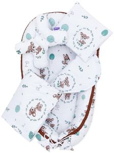 JUKKI® Baby Nest 5ks BAVLNENÝ SET pre novorodencov [Bambi Love] 2 strany 100x55cm detské hniezdo + matrac + deka + 2xpolštáre