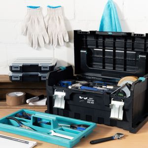 Navaris Werkzeugkoffer 20" Box leer - 51x23x21cm - 2 abnehmbare Organizer Boxen Stahlschließen - Werkzeugkasten Koffer ohne Werkzeug - mit Design