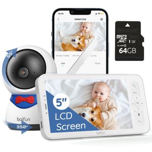 BOIFUN Babyphone mit Kamera App und 64GB SD-Karte, Automatisches AI-Tracking Babyfon 1080P, Zonenalarme, PTZ 350°, 5 Zoll LCD-Display Baby Monitor