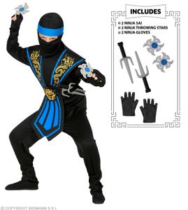 Kinder Kostüm Kombat Ninja in blau mit Waffenset - Kämpfer, 116 cm - 158 cm 128 cm - 5-7 Jahre