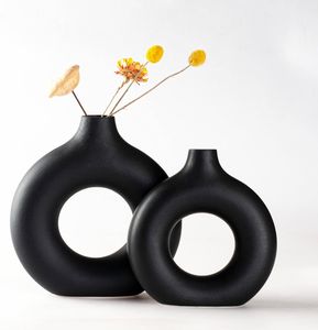 Donut Keramik Vase Satz von 2 für Moderne Home Decor, Runde Matte Vasen für Pampasgras, Neutral Boho Nordic Minimalismus Stil A(13+18CM)