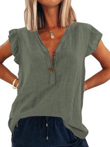 Damen Knöpfe T-Shirts Lose Ärmellose V-Ausschnitt Top Oversized Sommer Baumwolle Oberteile Armeegrün,Größe Xl