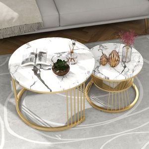 Merax 2er Set Couchtisch hochglanz Rund 70 x 45cm & 45 x 45cm Satztisch mit golden Metallrahmen, Wohnzimmertisch in Marmoroptik, Beistelltisch aus Holz, Weiß