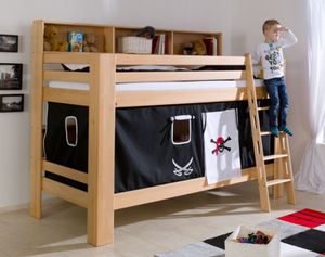 Etagenbett JAN Kinderbett Spielbett Bett mit Bücherregal Buche Pirat Schwarz/Weiß