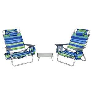 COSTWAY Sada 2 plážových židlí a stolu s nastavitelným opěradlem, ledový balíček, skládací kempingové židle modrá, zelená