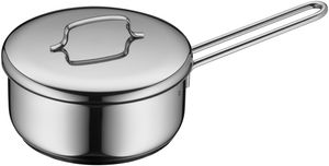 WMF Mini Stielkasserolle 16 cm, klein, Metalldeckel, Kochtopf 1,2l, kleiner Topf für Singlehaushalt, Cromargan Edelstahl poliert, Induktion, stapelbar, ideal für kleine Portionen