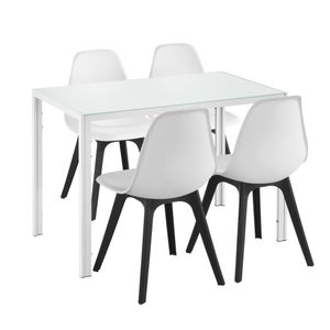 [en.casa] Essgruppe für 4 Personen Esstisch Weiß + 4 Stühle Weiß / Schwarz Küchentisch Esszimmertisch mit Esszimmerstuhl