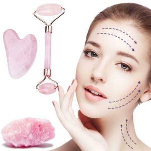 2ks Rose Quartz Jade Roller & Gua Sha Set Face Body Facial Therapy Massager Stone Massage