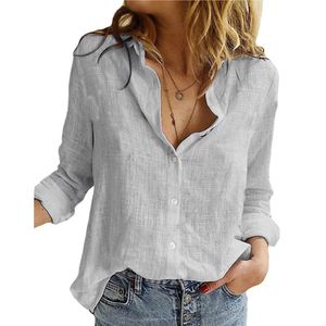 Damen Bluse Langarm Hemden Baumwolle Casual V-Ausschnitt Hemdbluse Tops mit Knopleiste Grau,Größe:EU