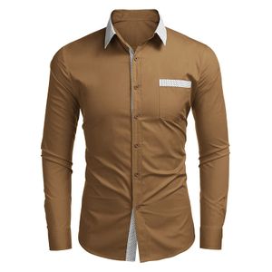Herren Einfarbig Langarm Mode Business Hemd Slim Fit Langarm T-Shirt Button Shirt,Farbe: Braun,Größe:S
