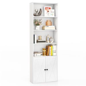 COSTWAY Bücherregal mit Türen & 4 offenen Fächern, 180 cm hohe Bücherschrank, Standregal, Aufbewahrungsregal für Wohnzimmer, Schlafzimmer, Küche, Weiß