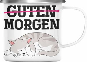 Trendation - Guten Morgen Emaille Tassen Emaille Tasse Becher Emaille Emaille Tasse Katzen Lustig Spruch Geschenk Frauen Männer Morgenmuffel (Silber)