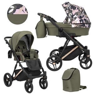 Kinderwagen LAZZIO PREMIUM Sportwagen Babywagen Babyschale Komplettset Kinder Wagen Set 2 in 1 (olive + flowers, Rahmenfarbe: Kupfer)