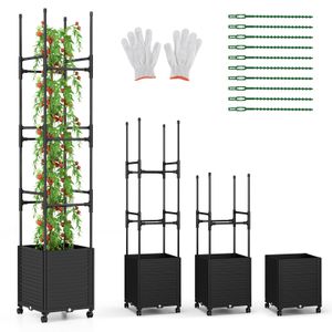 COSTWAY Rankhilfe mit Blumenkasten und Bewässerung, Garten Obelisk auf Rollen, Rankgitter verstellbar höhenverstellbar 42x42x219cm