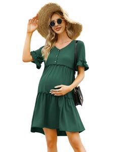 Acekool Damen Umstandskleid V-Ausschnitt Stillkleid Casual A line Schwangerschaftskleid mit Kn?pfen, Dunkelgrš¹n, XL