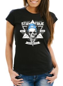 Damen T-Shirt Totenkopf Kopfhörer Stay True Hipster Skull Headphone Neverless® schwarz L