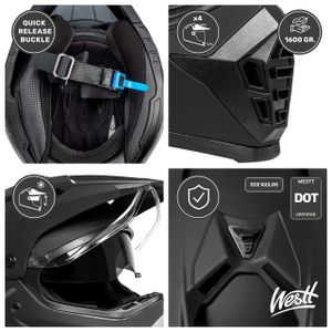 Westt kask motocrossowy full-face MTB kask motocyklowy full-face crossowy kask motocyklowy MTB enduro quad kask motocyklowy z podwójnym daszkiem przeciwsłonecznym mężczyźni kobiety certyfikat ECE DOT, czarny M (57-58 cm)