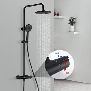 Dusche Schwarz Duschsystem Thermostat Duscharmatur Duschset Regendusche Set Schwarz inkl. verstellbar Duschstange und Handbrause