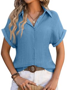 Damen Blusen Button Tunic Shirt Casual Tops Lose Hemden Locker Sommer Shirts Oberteile Blau,Größe M