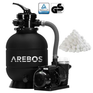 AREBOS  Sandfilteranlage mit Pumpe inkl. 700g Filterbälle, Schwarz, 400W, 10.200 L/h, Tankvolumen bis zu 20 kg Sand, 7 - Wege Ventil mit Griff