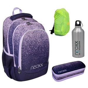 NEOXX Fly Schulrucksack Glitterally 4tlg. Set mit Schlamper, Alu-Flasche und Regenschutz