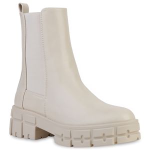 VAN HILL Damen Stiefeletten Plateau Boots Blockabsatz Profil-Sohle Schuhe 837774, Farbe: Beige, Größe: 40