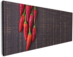 Wallario Premium Leinwandbild Rote Paprikaschoten auf einem dunkelbraunem Holzbrett in Größe 80 x 200 cm