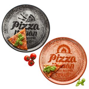 2x Pizzateller rot & schwarz Ø31cm 2 Personen XL-Teller Dekor Platte Schrift