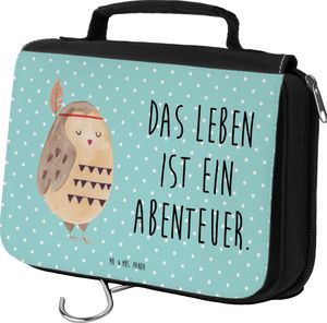 Mr. & Mrs. Panda Kulturbeutel Eule Federschmuck - Türkis Pastell - Geschenk, Damen, Kosmetiktasche, Kulturtasche, Zum Aufhängen, Abenteuer, Organizer, Eule Deko, Owl
