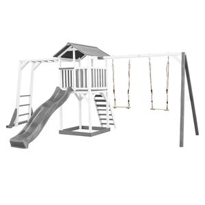 AXI Beach Tower Spielturm aus Holz in Weiß & Grau | Spielhaus für Kinder mit grauer Rutsche, Klettergerüst, Doppelschaukel und Sandkasten |