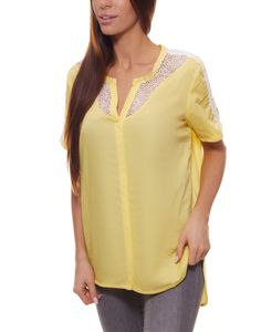 Mavi Spitzen-Bluse elegante Damen Sommer-Bluse mit Spitze an Ausschnitt und Schulterbereich Gelb, Größe:S