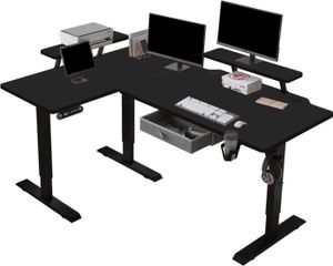 Hilodesk 160cm L-Schreibtisch Elektrisch Höhenverstellbar Eckschreibtisch L Förmiger Bürotische Stehpult mit Monitorständer und Schublade, Noir