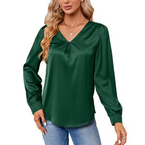Damen Hemden V-Ausschnitt Satin Tunic Shirt Casual Elegantes Langarm Button Bluse  Schwarzgrün,Größe:Xl