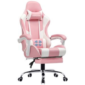 LUCKRACER Gaming-Stuhl Schreibtischstuhl, Ergonomischer Gaming Sessel Mit Massagefunktion Vibrationsmassage, Gestänge Handlauf, Ausziehbare Fußablage Rosa