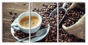 Espressotasse mit Kaffeebohnen, XXL Leinwandbild in Übergröße 240x120cm Gesamtmaß 3 teilig / Wandbild / Kunstdruck