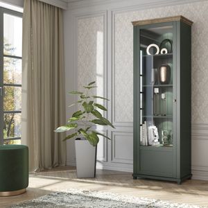 Vitrinenschrank mit LED Beleuchtung EPSOM-83 Türanschlag links Landhaus grün mit Lefkas Eiche Nb., B/H/T: ca. 71/200/42 cm