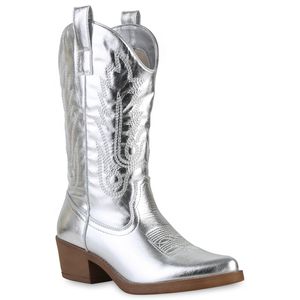 VAN HILL Damen Stiefel Cowboystiefel Stickereien Boots Spitze Schuhe 839883, Farbe: Silber, Größe: 36