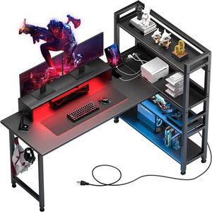 COMHOMA Stôl, počítačový stôl, herný stôl, PC stôl, kancelársky stôl so 4 policami, zásuvka, zabudované LED osvetlenie, USB kancelársky stôl, stojan na monitor, 55 palcov