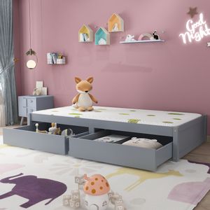 Merax Kinderbett 90X200cm mit Lattenrost und 2 Schubladen, Einzelbett Kiefer Bodenbett Babybett Jugendbett Spielbett, Grau