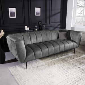 Retro 3er Sofa NOBLESSE 225cm grau Samt 3-Sitzer mit Ziersteppung