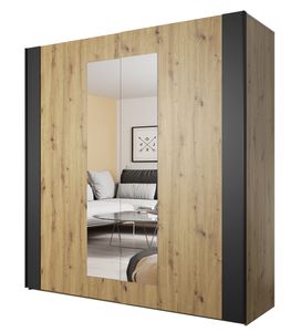 Furniture24 Kleiderschrank Sigma 18 Scwebetürenschrank mit 2 Einlegeboden 2 Kleiderstangen und Spiegel 2 Schubetüren Artisan Eiche/Schwarz Supermatt , 200 cm breit