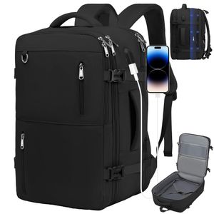 Delgeo Reiserucksack für Damen und Herren, Großer Handgepäck-Rucksack, Erweiterbare Handgepäcktasche, 17-Zoll-Laptop-Rucksack für Reisen, Wandern im Freien, Schwarz