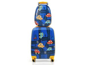 COSTWAY 2tlg Kinderkoffer + Rucksack, Kindertrolley aus Kunststoff, Kindergepäck, Kinder Kofferset (Blau, 12"+18")